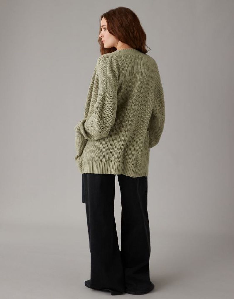 Aerie Pointelle-Knit Cardigan Olive | NVW-374065