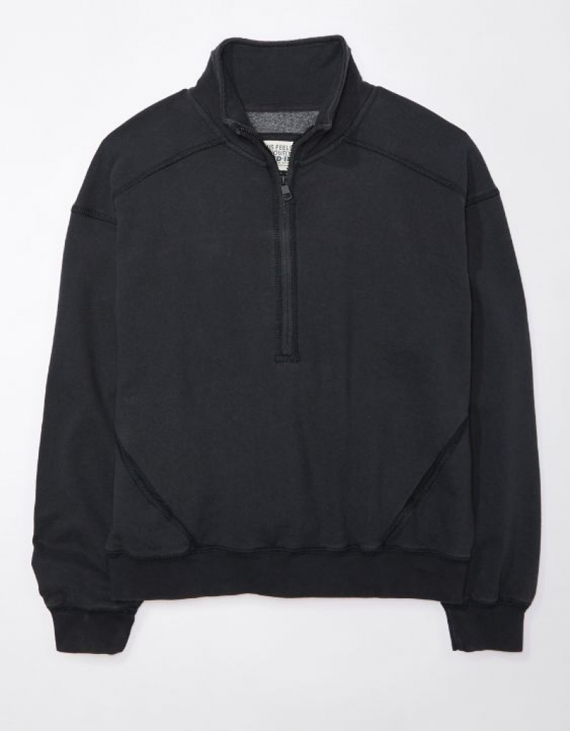 Aerie Quarter-Zip Fleece Sweatshirts Black | DIO-624958