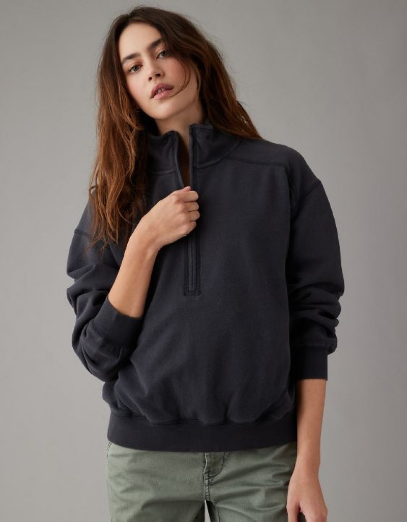 Aerie Quarter-Zip Fleece Sweatshirts Black | DIO-624958