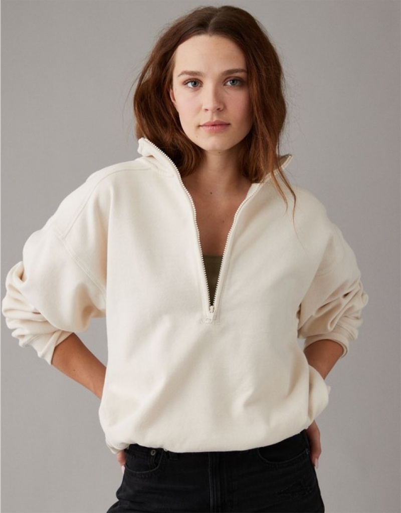 Aerie Quarter-Zip Fleece Sweatshirts Cream | YRJ-698502