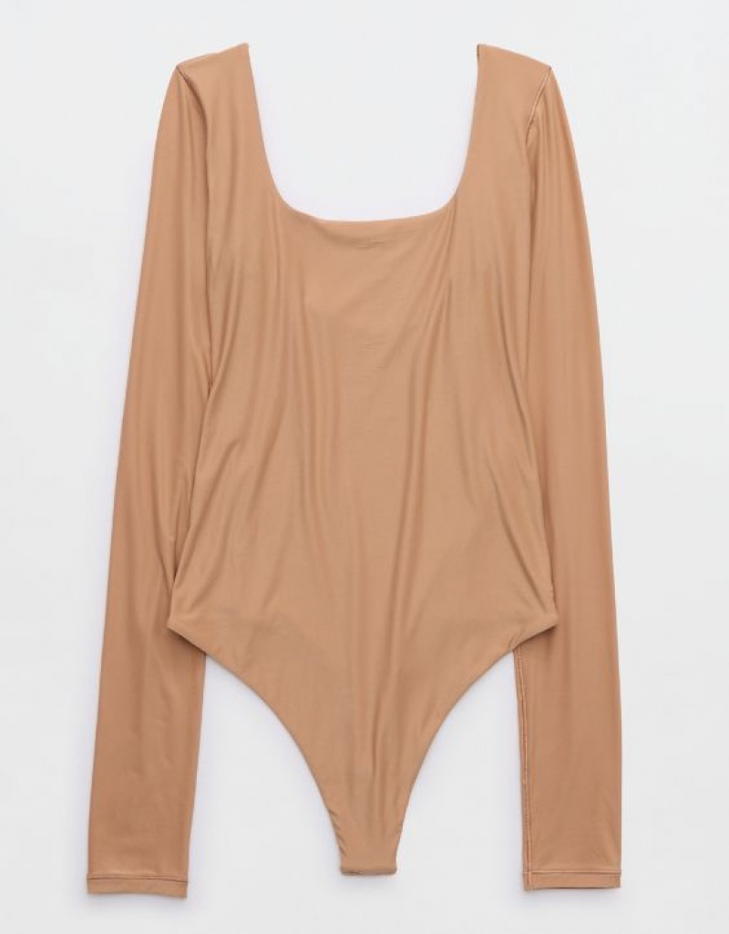 Aerie SMOOTHEZ Long Sleeve Bodysuit Beige | CBF-842107