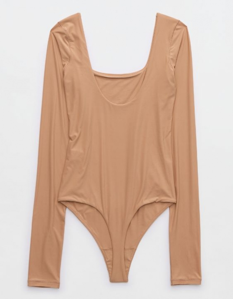 Aerie SMOOTHEZ Long Sleeve Bodysuit Beige | CBF-842107