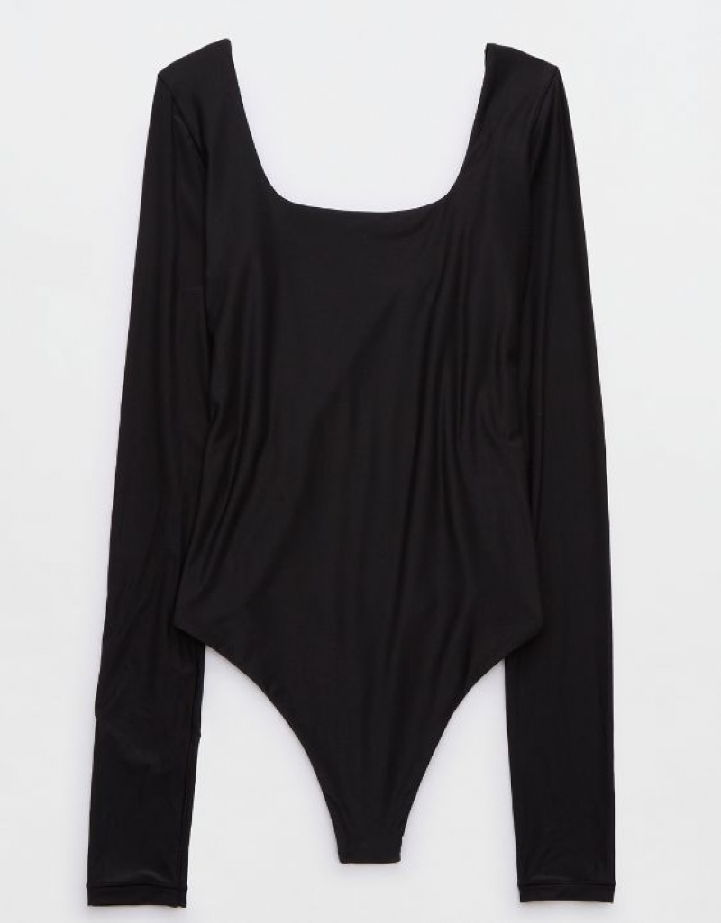 Aerie SMOOTHEZ Long Sleeve Bodysuit Black | JKA-058671