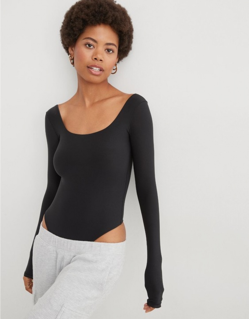 Aerie SMOOTHEZ Long Sleeve Bodysuit Black | JKA-058671