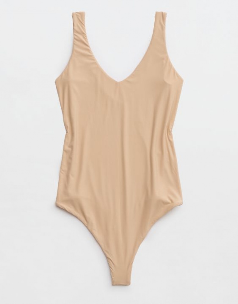 Aerie SMOOTHEZ Plunge Bodysuit Beige | JWB-804526