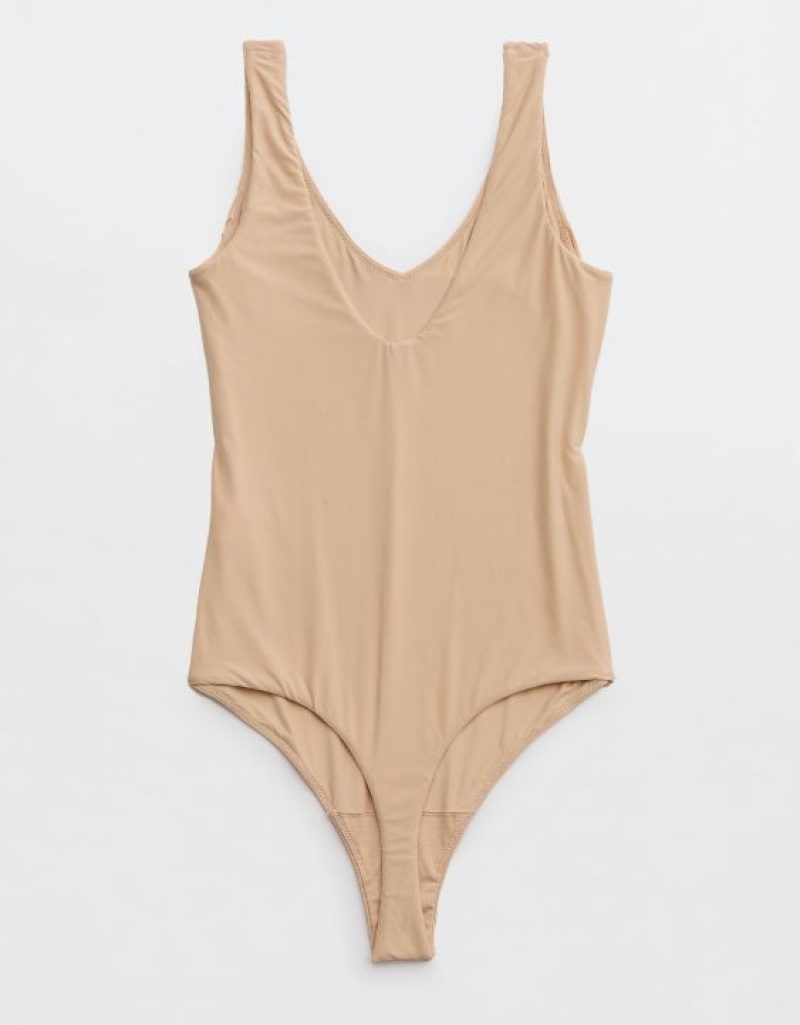 Aerie SMOOTHEZ Plunge Bodysuit Beige | JWB-804526