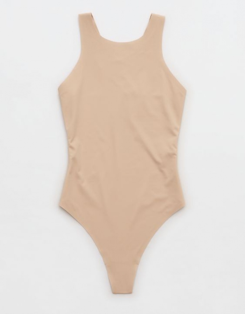 Aerie SMOOTHEZ Racerback Bodysuit Beige | RNU-521036