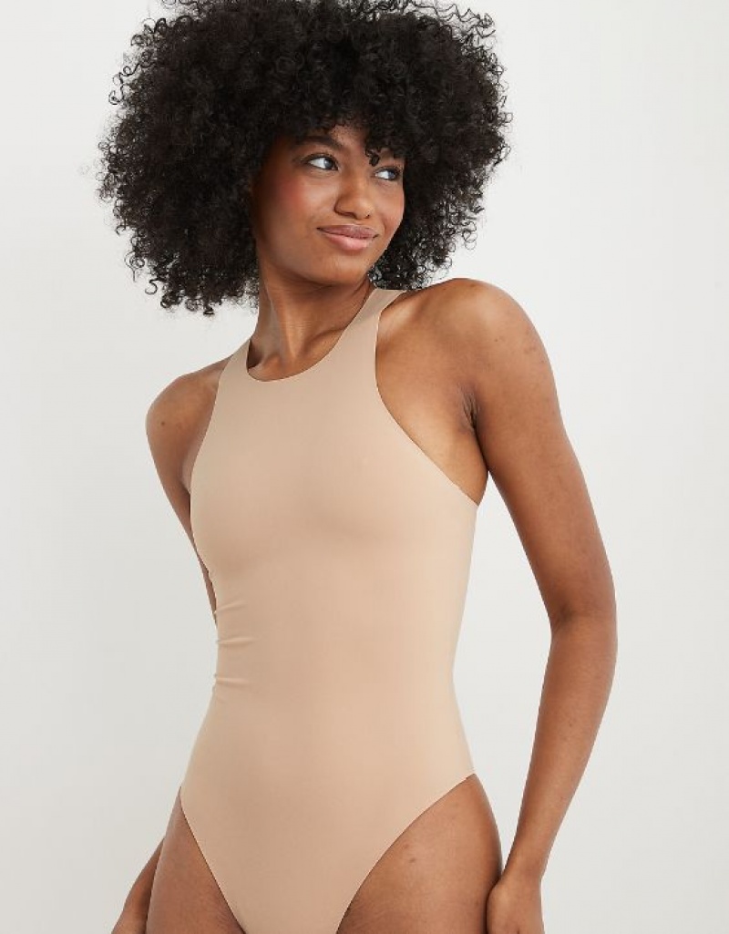 Aerie SMOOTHEZ Racerback Bodysuit Beige | RNU-521036