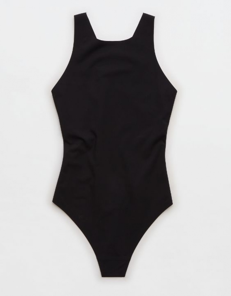 Aerie SMOOTHEZ Racerback Bodysuit Black | UGW-927130