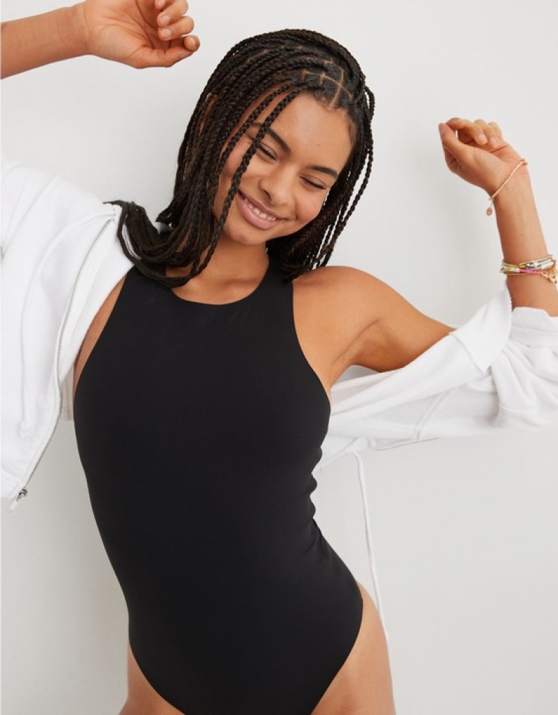 Aerie SMOOTHEZ Racerback Bodysuit Black | UGW-927130