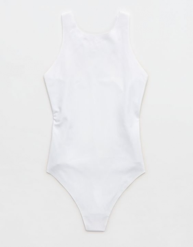 Aerie SMOOTHEZ Racerback Bodysuit White | KCG-584362