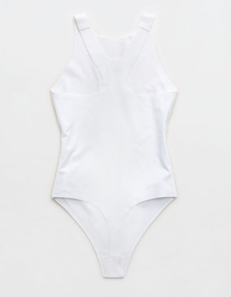 Aerie SMOOTHEZ Racerback Bodysuit White | KCG-584362