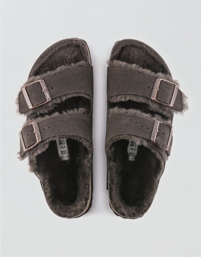 Aerie Shearling Arizona Sandals Black | PHE-386592