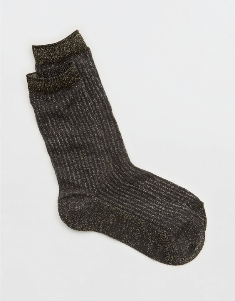 Aerie Sheer Metallic Crew Socks Black | IKQ-284057