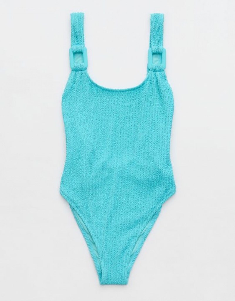 Aerie Shine Crinkle Birthday Scoop One Piece Swimsuits Blue | UAD-508971