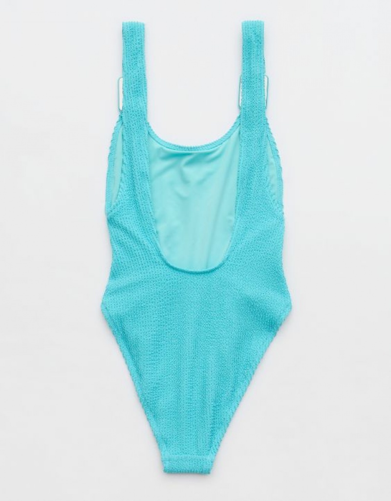 Aerie Shine Crinkle Birthday Scoop One Piece Swimsuits Blue | UAD-508971