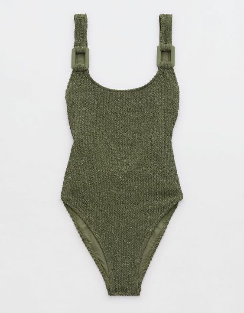 Aerie Shine Crinkle Birthday Scoop One Piece Swimsuits Olive | TMY-516389