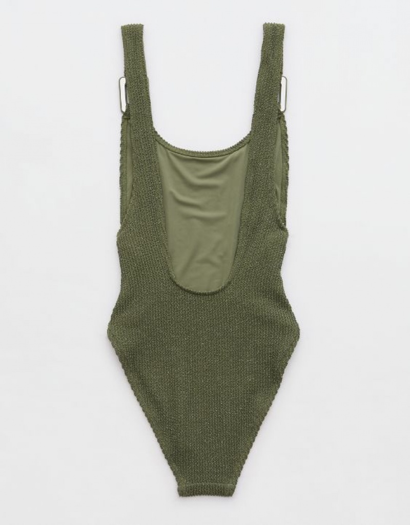 Aerie Shine Crinkle Birthday Scoop One Piece Swimsuits Olive | TMY-516389