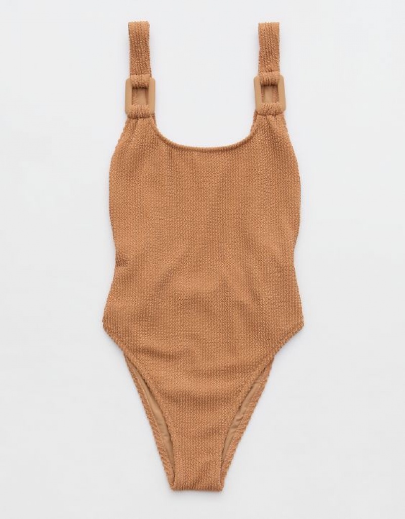 Aerie Shine Crinkle Birthday Scoop One Piece Swimsuits Beige | ARI-791268