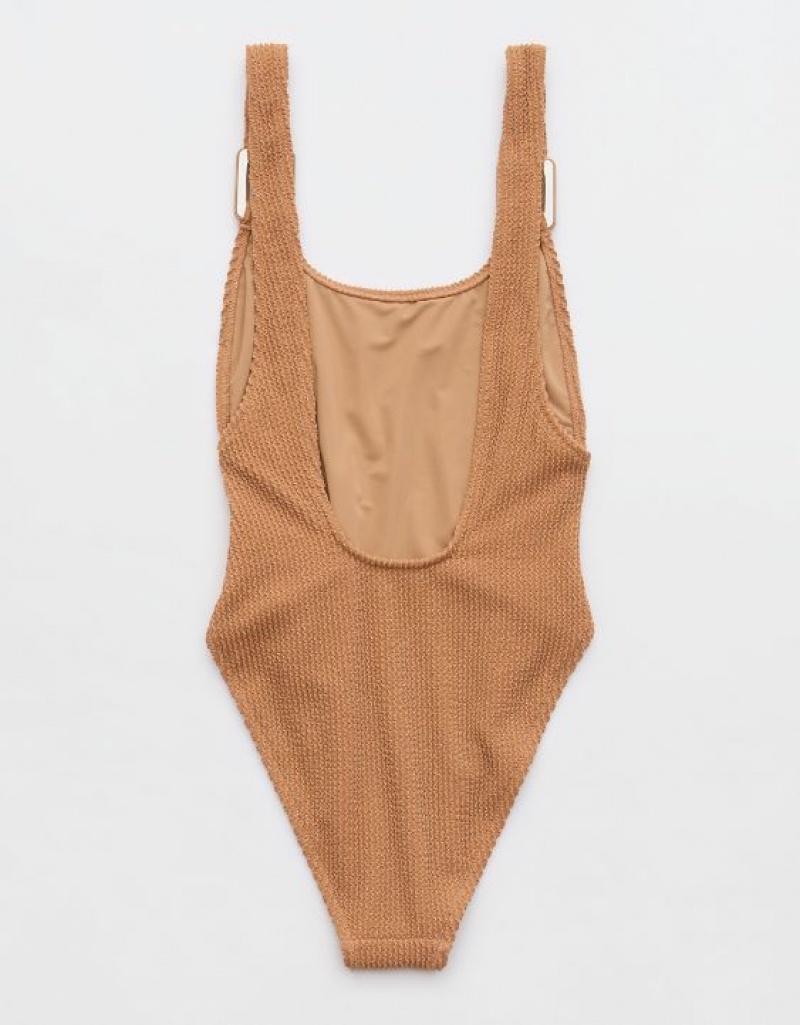 Aerie Shine Crinkle Birthday Scoop One Piece Swimsuits Beige | ARI-791268