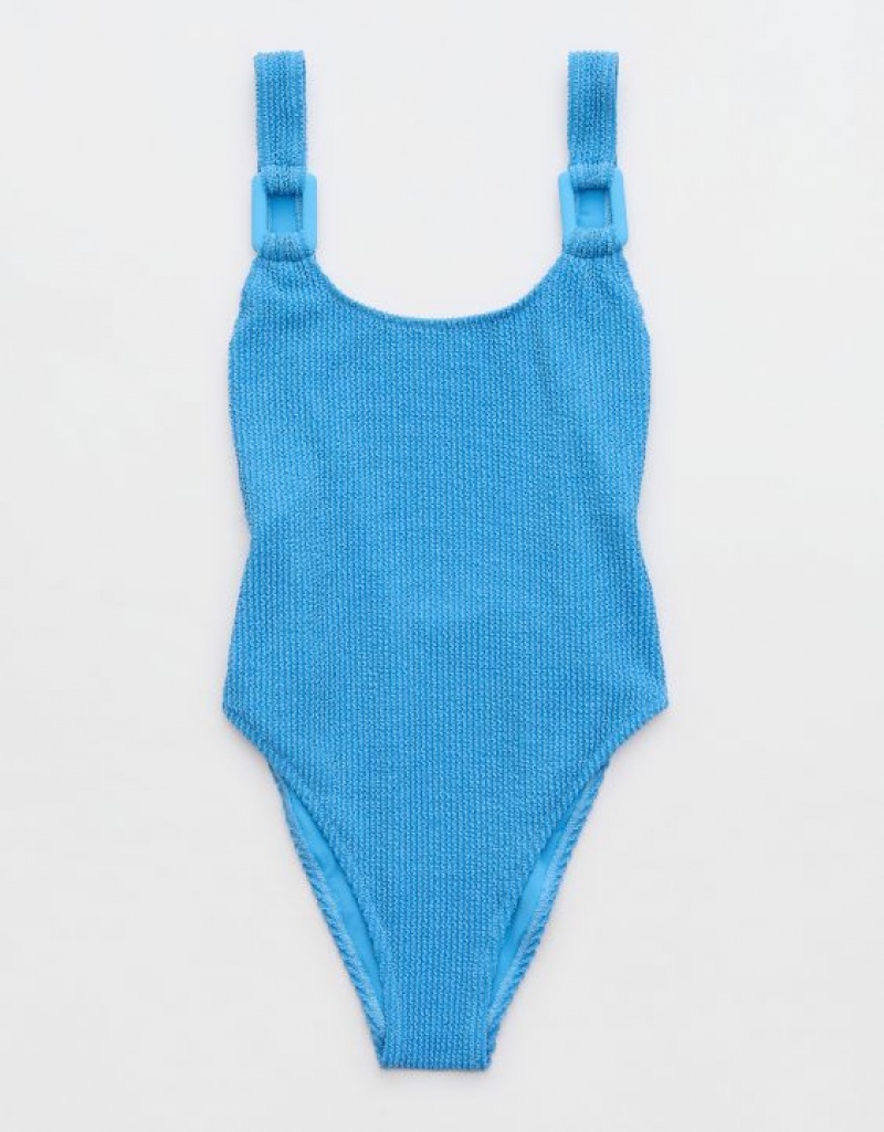 Aerie Shine Crinkle Birthday Scoop One Piece Swimsuits Blue | RGW-840912