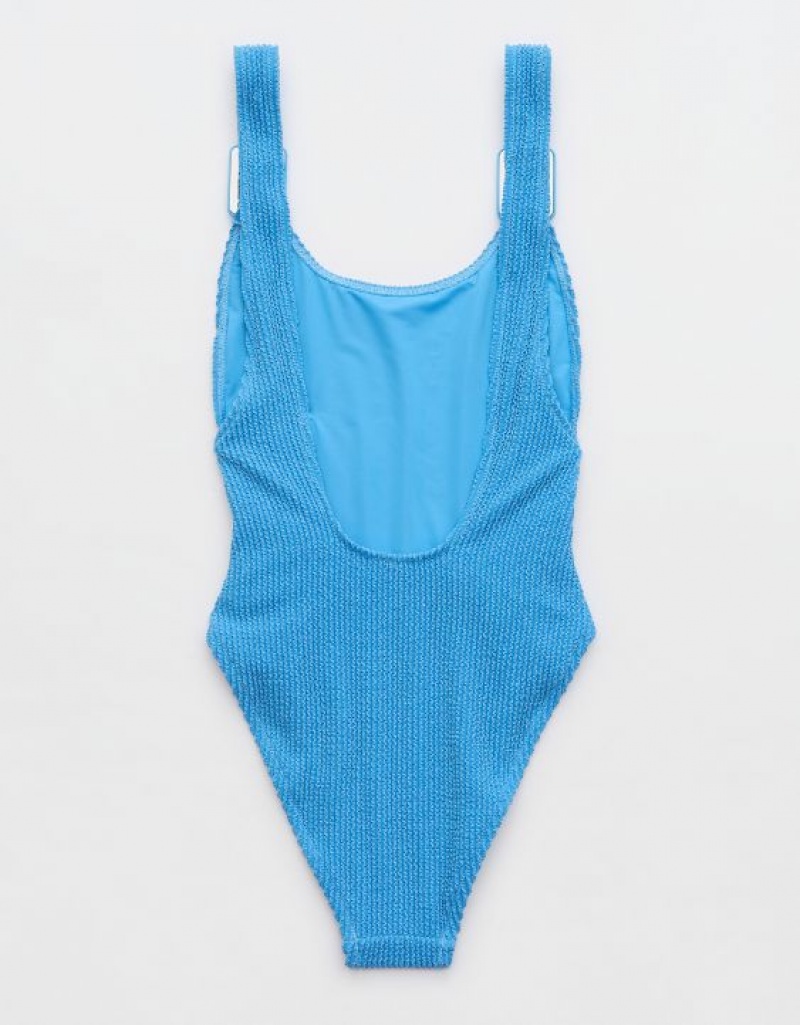 Aerie Shine Crinkle Birthday Scoop One Piece Swimsuits Blue | RGW-840912