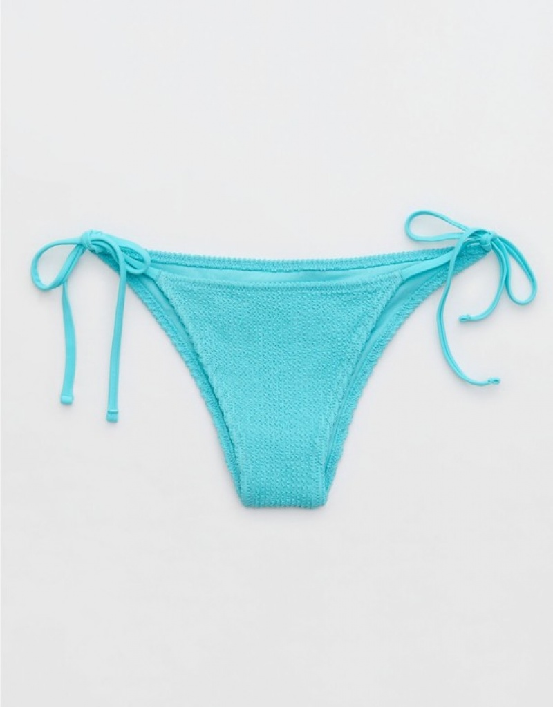 Aerie Shine Crinkle Cheekiest Tie Bikini Bottom Blue | IGN-081527