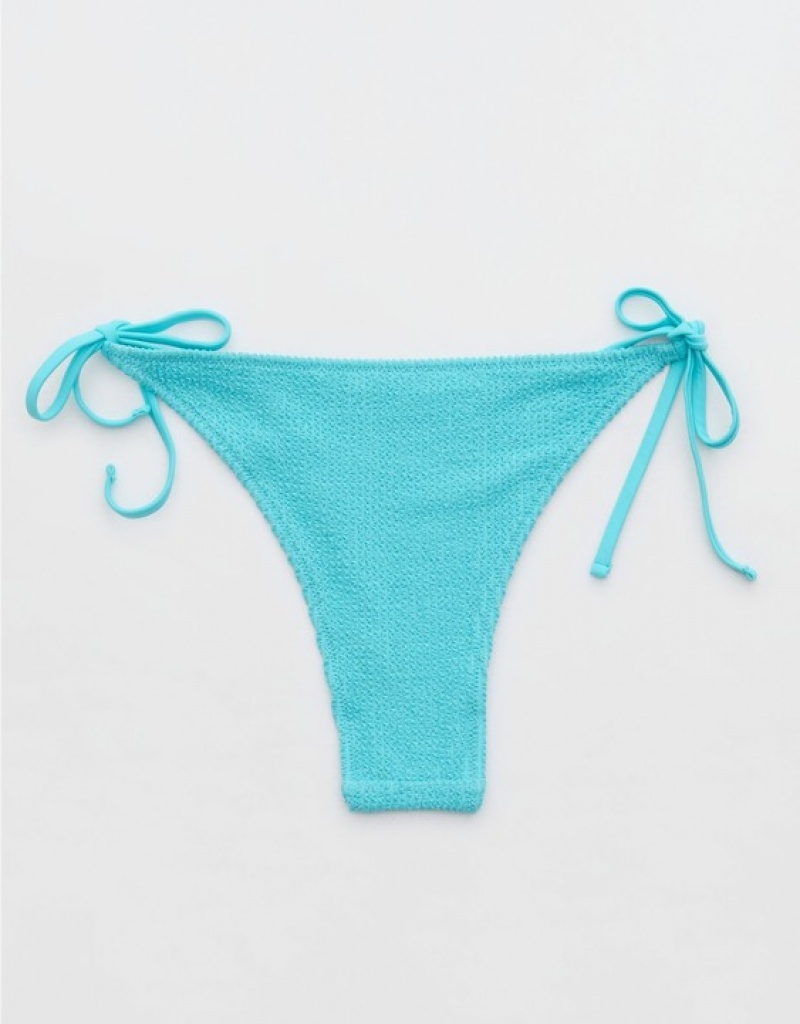 Aerie Shine Crinkle Cheekiest Tie Bikini Bottom Blue | IGN-081527