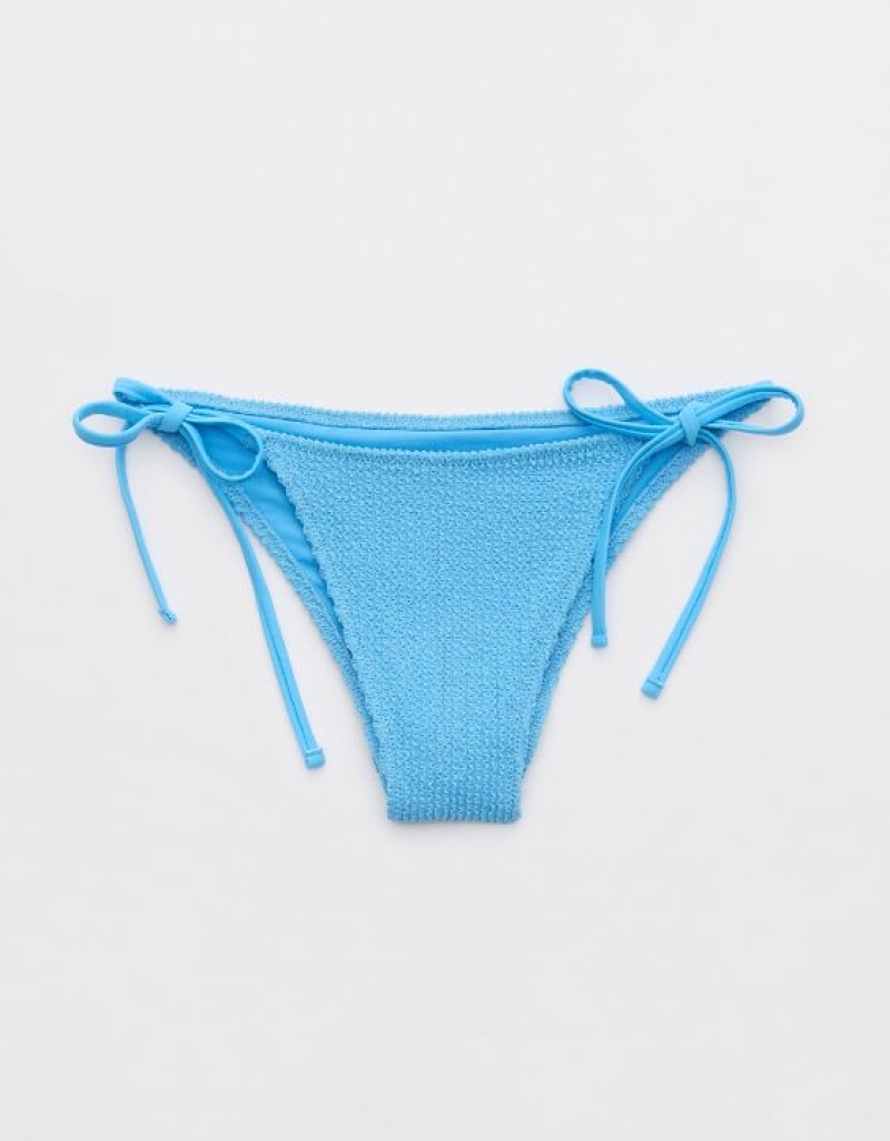 Aerie Shine Crinkle Cheekiest Tie Bikini Bottom Blue | UHS-316792