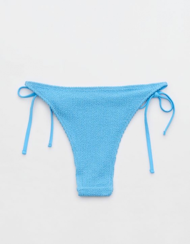 Aerie Shine Crinkle Cheekiest Tie Bikini Bottom Blue | UHS-316792