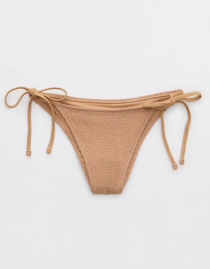 Aerie Shine Crinkle Cheekiest Tie Bikini Bottom Beige | HFB-476513