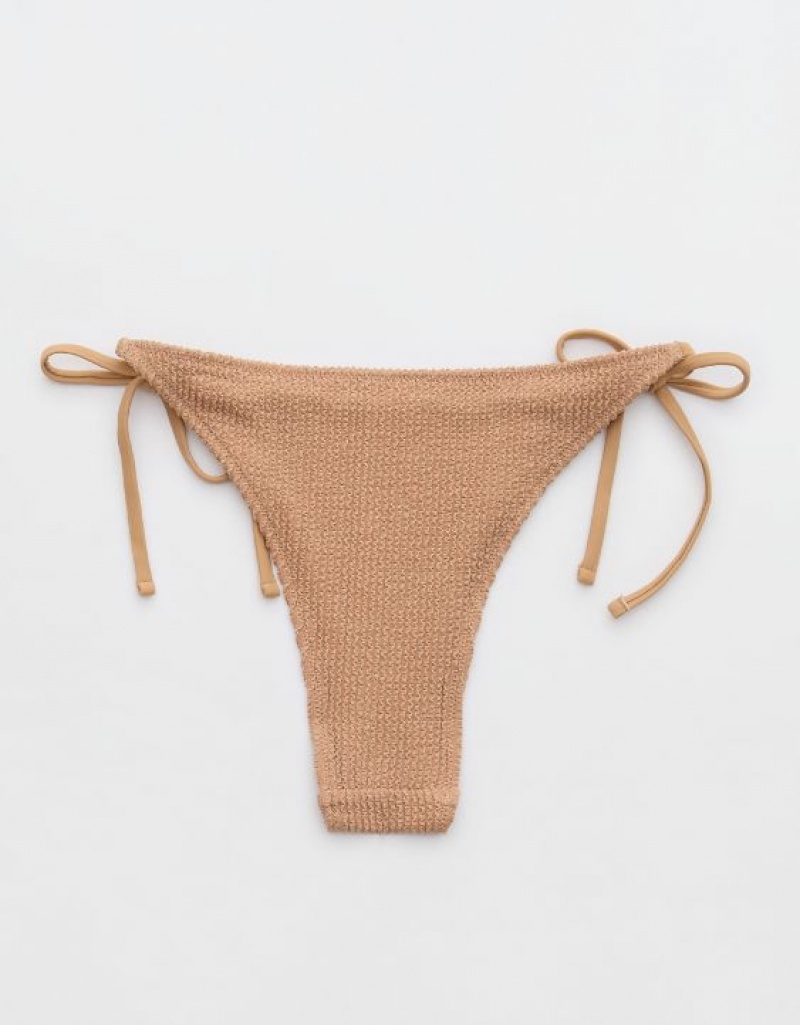 Aerie Shine Crinkle Cheekiest Tie Bikini Bottom Beige | HFB-476513