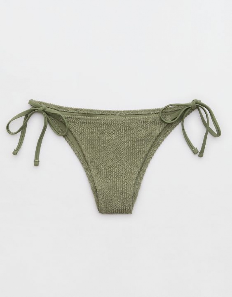 Aerie Shine Crinkle Cheekiest Tie Bikini Bottom Olive | CLW-369182