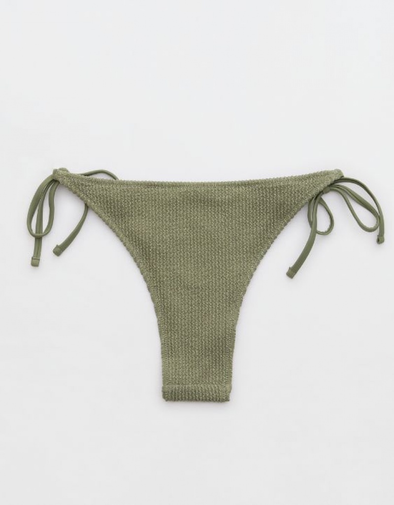 Aerie Shine Crinkle Cheekiest Tie Bikini Bottom Olive | CLW-369182