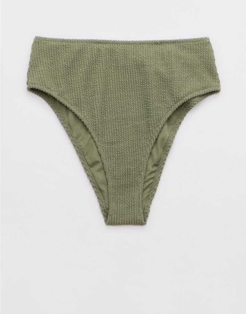 Aerie Shine Crinkle High Cut Cheeky Bikini Bottom Olive | NGT-528371