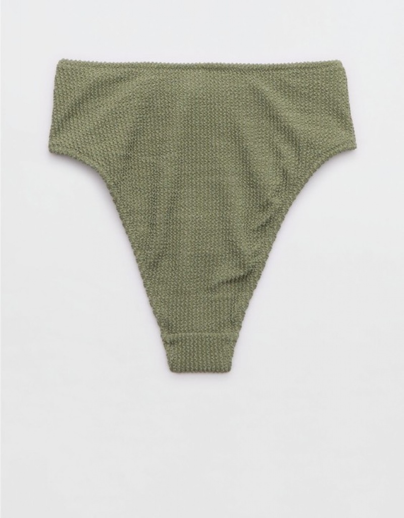 Aerie Shine Crinkle High Cut Cheeky Bikini Bottom Olive | NGT-528371