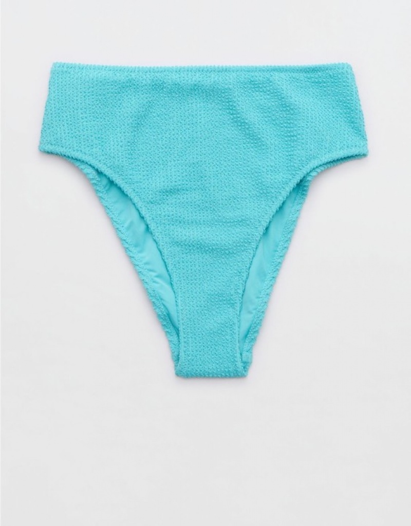 Aerie Shine Crinkle High Cut Cheeky Bikini Bottom Blue | YLU-541270