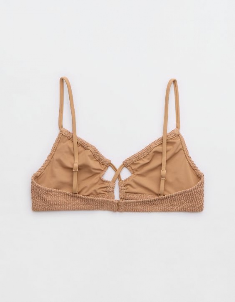 Aerie Shine Crinkle Lace Up Scoop Bikini Top Beige | SYT-978023