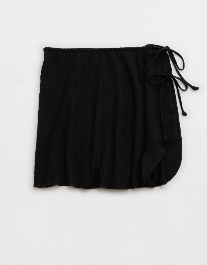 Aerie Shine Crinkle Swim Sarong Skirts Black | KED-150794