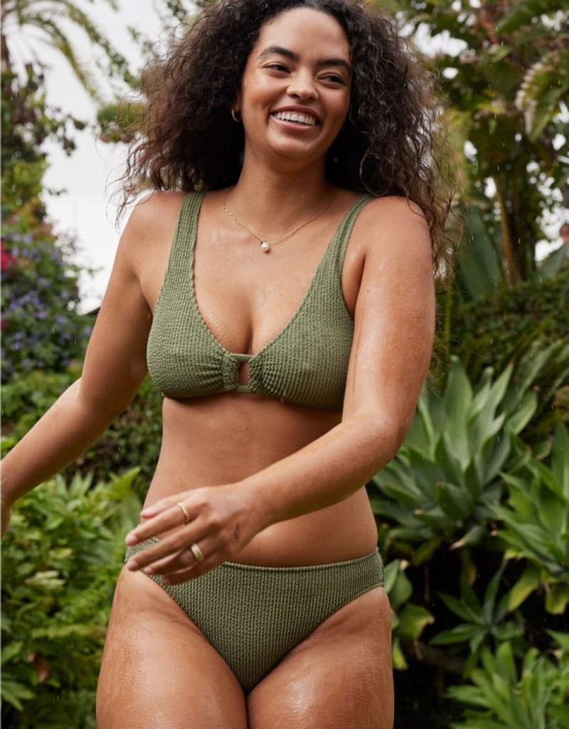 Aerie Shine Crinkle Wide Strap Scoop Bikini Top Olive | HTW-043157