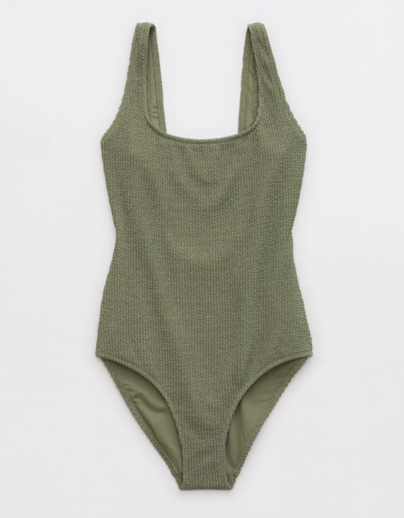 Aerie Shine Crinkle Wide Strap Scoop One Piece Swimsuits Olive | MIX-176053