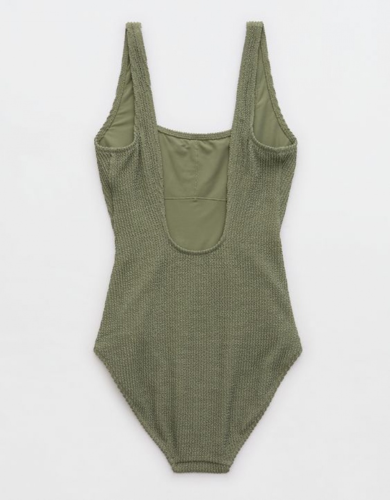 Aerie Shine Crinkle Wide Strap Scoop One Piece Swimsuits Olive | MIX-176053