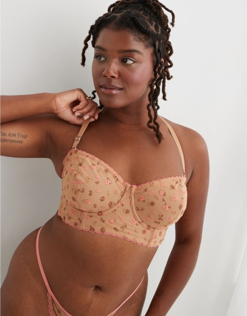 Aerie Show Off Embroidery Unlined Bras Brown / Pink | CWJ-651340