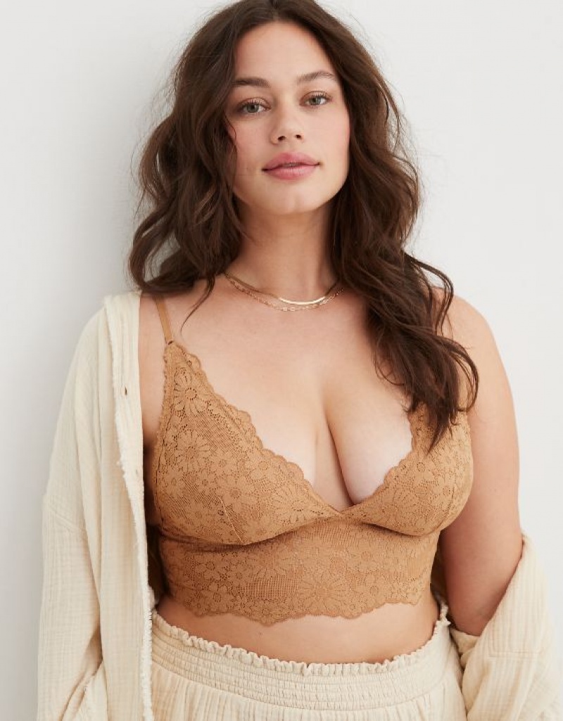 Aerie Show Off Lace Padded Longlinelette Bras Brown | XJW-327091