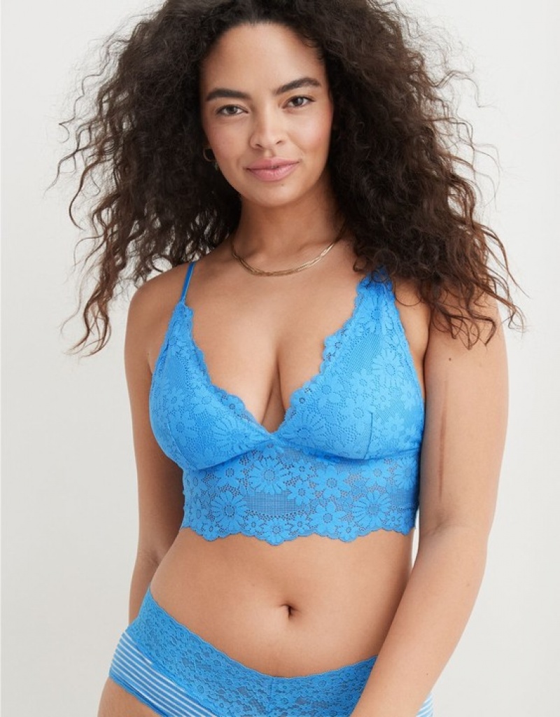 Aerie Show Off Lace Padded Longlinelette Bras Blue | CPI-846305