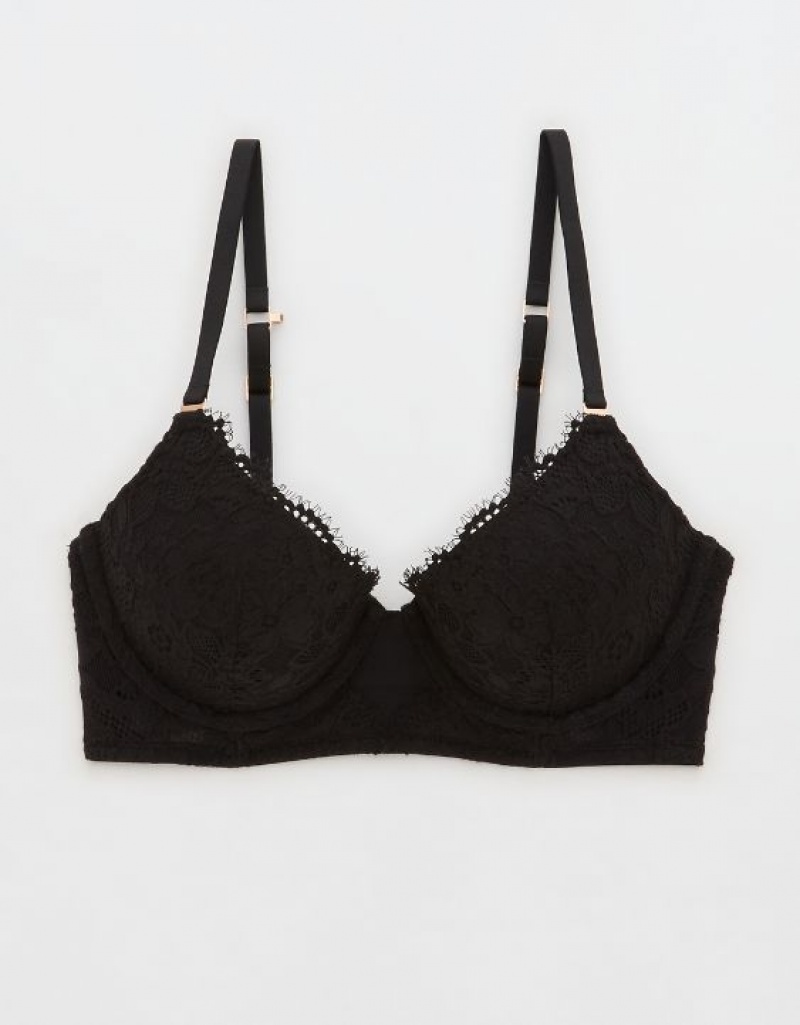 Aerie Show Off Plunge Push Up Eyelash Lace Bras Black | RMK-720436