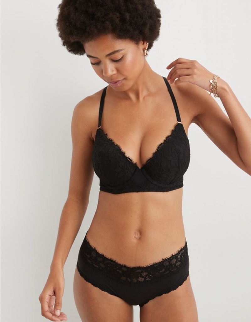 Aerie Show Off Plunge Push Up Eyelash Lace Bras Black | RMK-720436