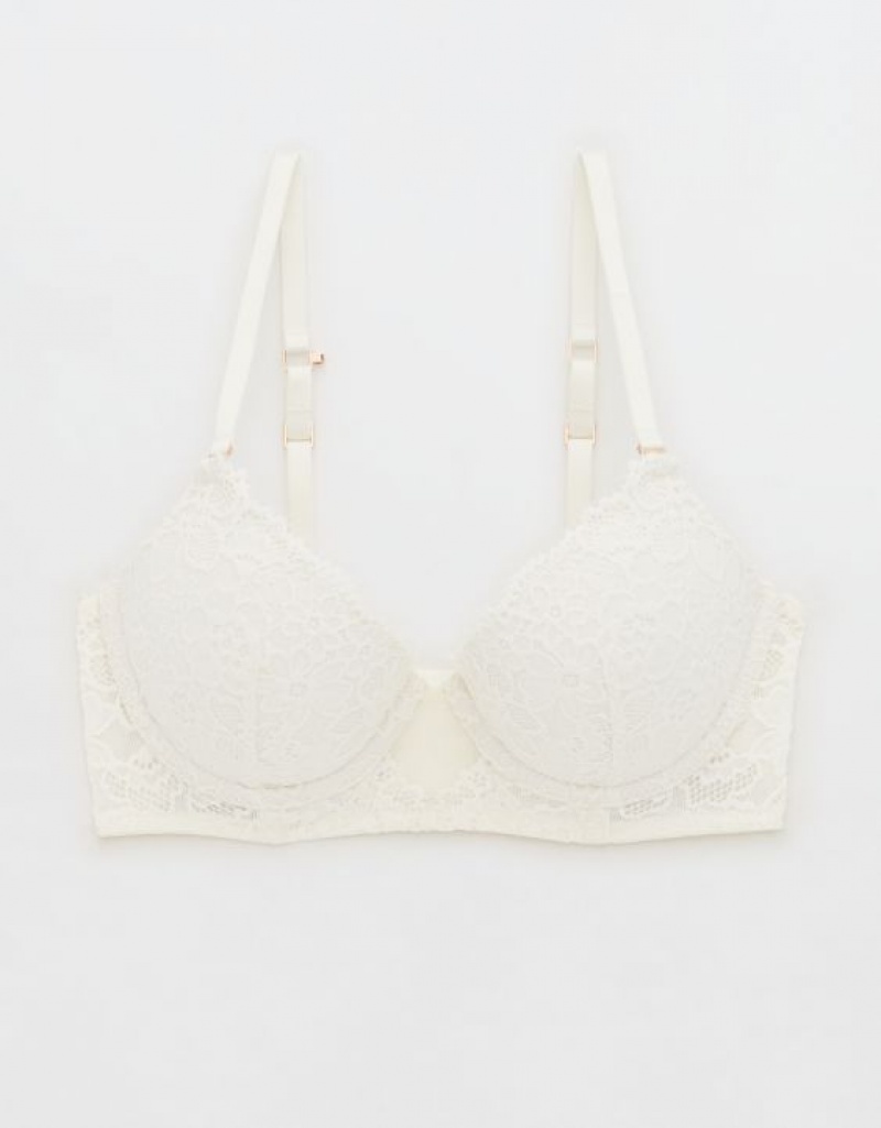 Aerie Show Off Plunge Push Up Eyelash Lace Bras White | OUL-579640