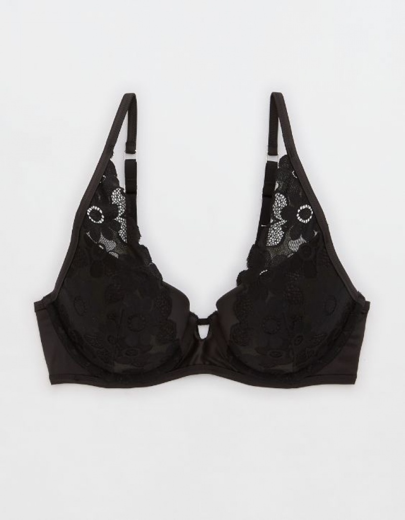 Aerie Show Off Plunge Push Up Real Lace Bras Black | MWH-038716