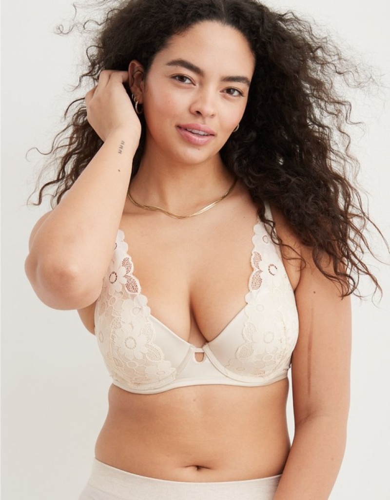 Aerie Show Off Plunge Push Up Real Lace Bras Light Yellow | UOI-729530